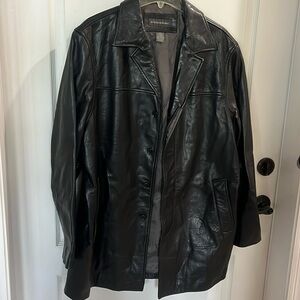 EuC Banana Republic black Leather midi button down W/pockets Coat Jacket LG